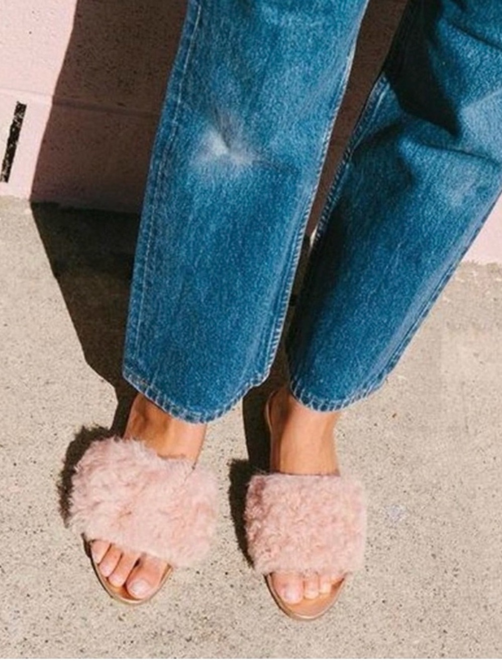 Loeffler Randall Rose Gold shearling fur Slide Sandals 7.5